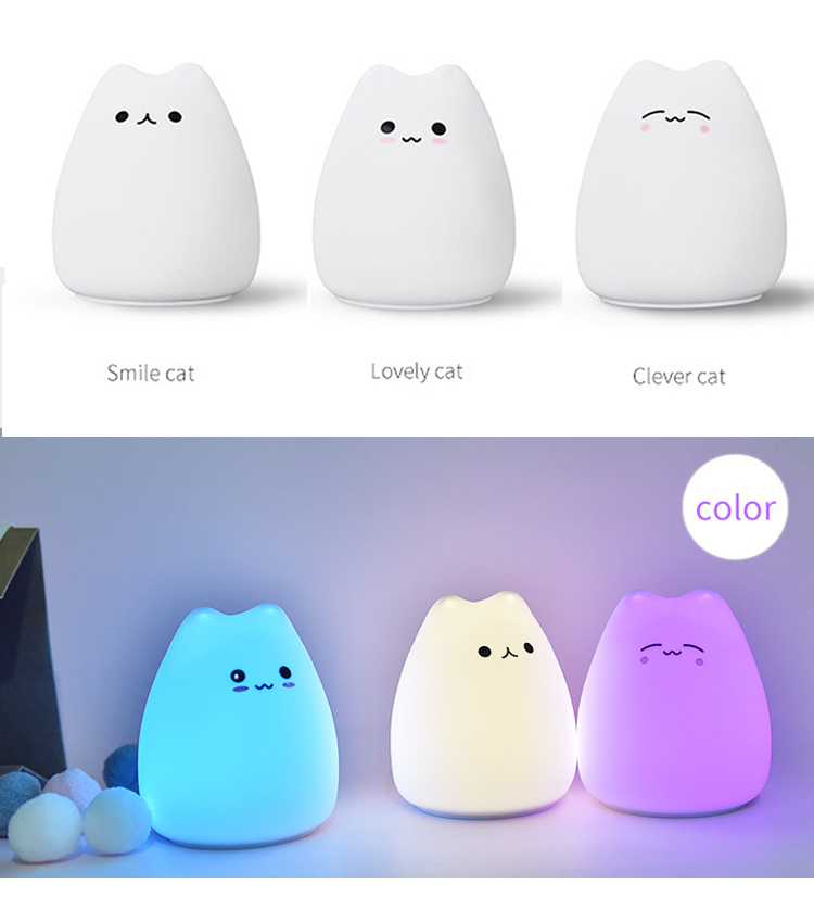 Amazon Top Seller 2019 USB Rechargeable Cute Cat Silicone Home Decoration LED Night Light Bedside Lamp For Baby Kids